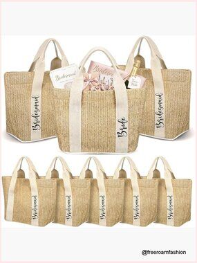 8 Pack Foldable Straw Tote Bags for Bridal Party Wedding Beach Outings